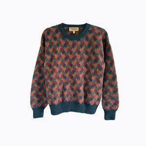 Vintage Paul Stuart Alpaca Wool Handknit Sweater S/M Abstract Teal Multi Pattern